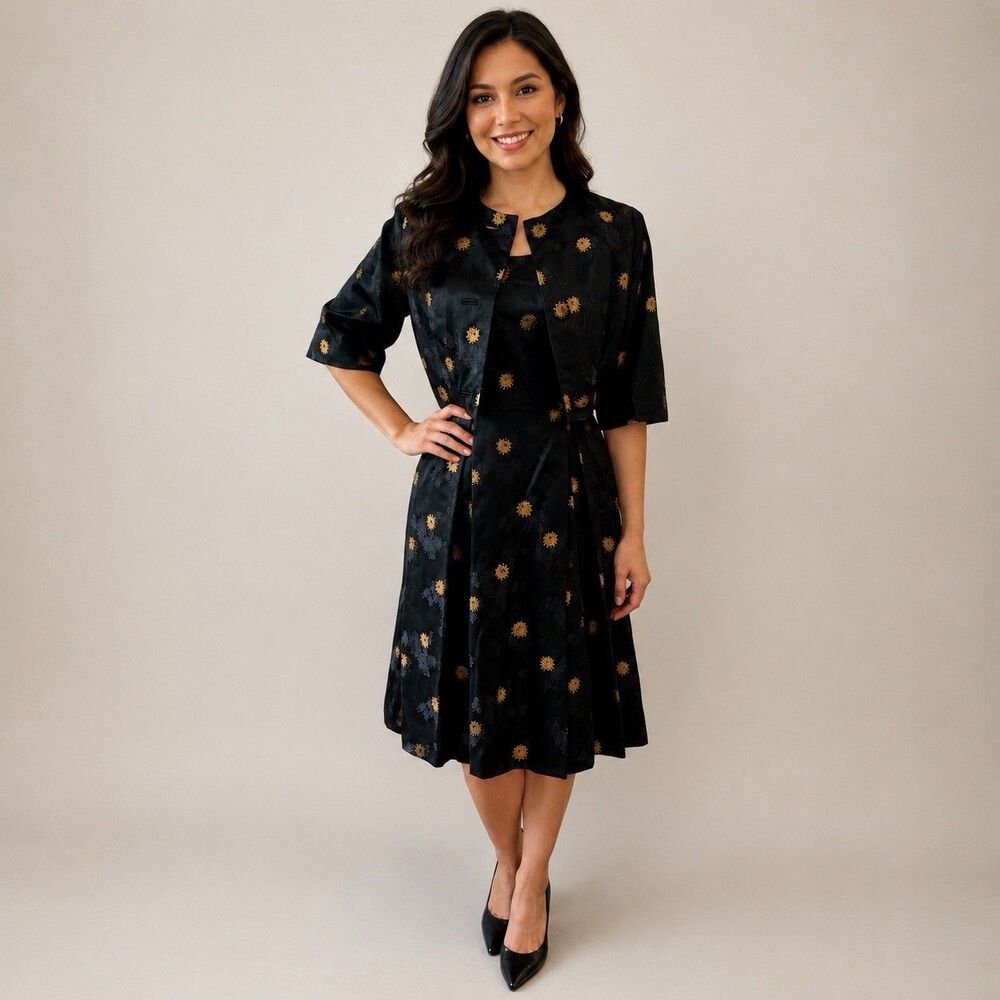 Vintage 1950’s Hand Made Brocade Dress & Jacket Set Black & Metallic Gold Size S
